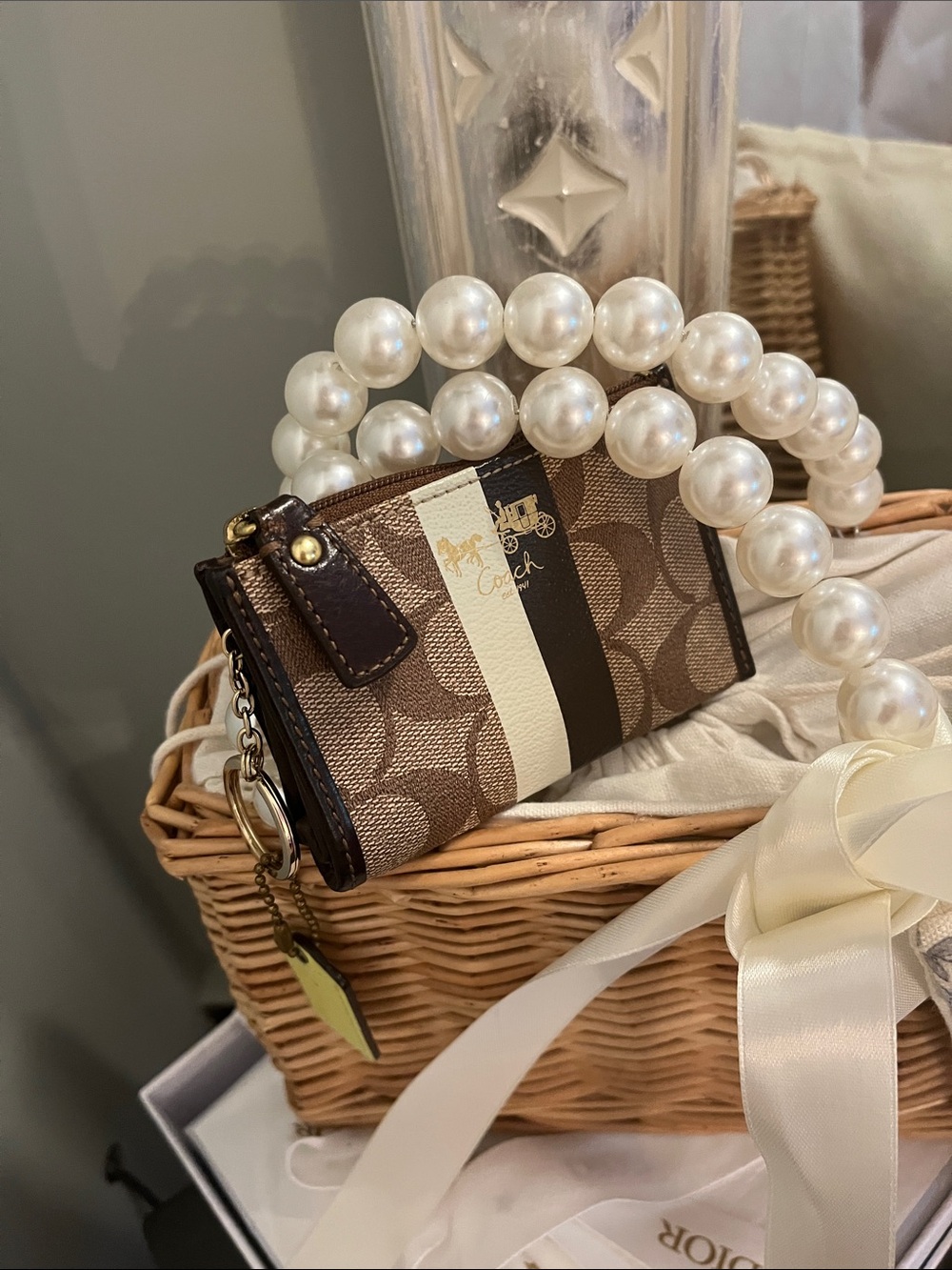 Coach Mini Card Case in Brown Signature Canvas with Cream & Dark Brown Stripe